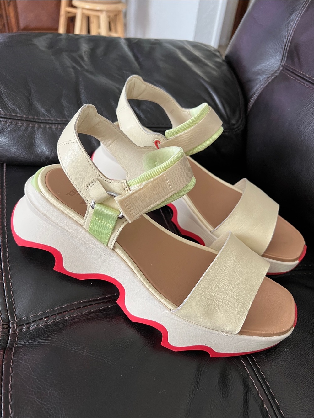 Sorel Women's Cream Sandals with Lime and Red Accents